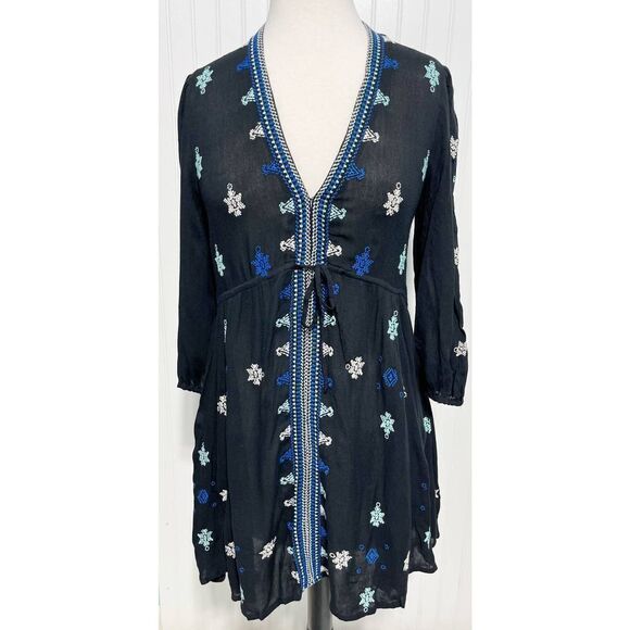 Free People Stargazer Mini Dress Embroidered V-Neck Tie Waist Black Blue Small - Picture 11 of 12